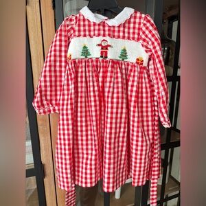Smockingbird Christmas long sleeve gingham smocked dress toddler girl santa bow